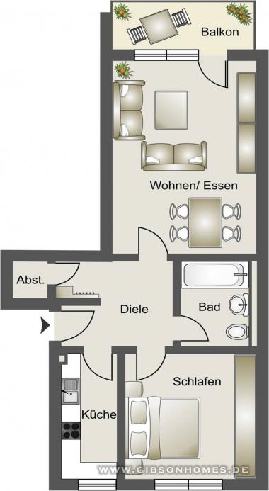 Grundriss 2 Zimmer - One-Level in 40237 Dsseldorf Dsseltal 2-4/2-3